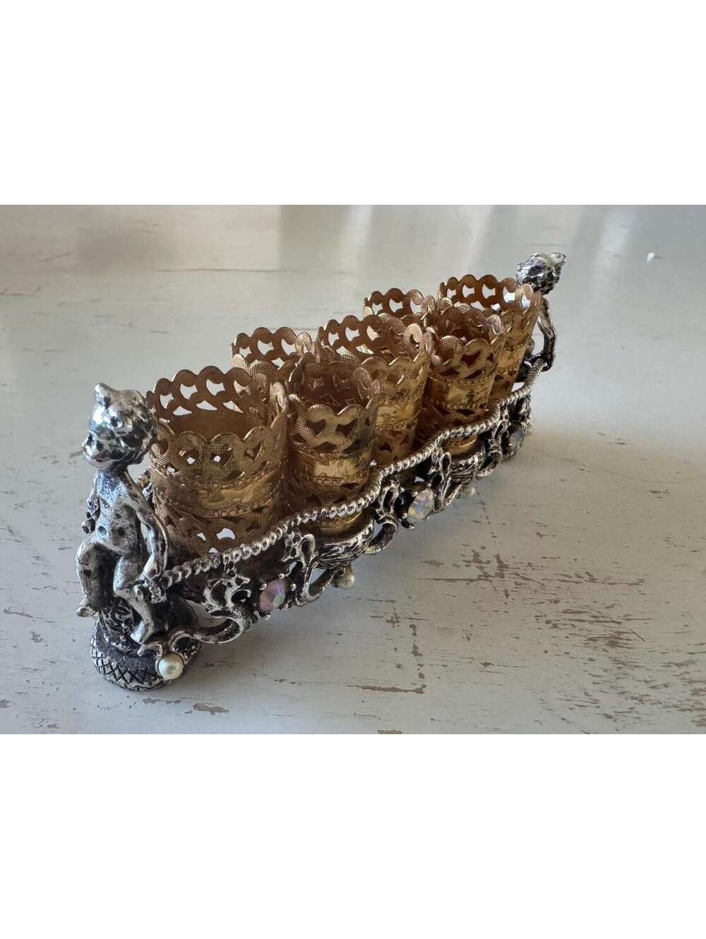 Silver Tone Vintage Lipstick Holder With Cherubs & Rhinestones. Vanity Display.